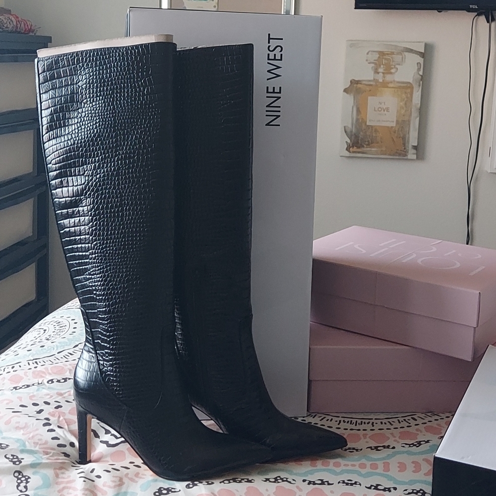 Nine West - Black Crocco Leather Maxim Knee High Boot